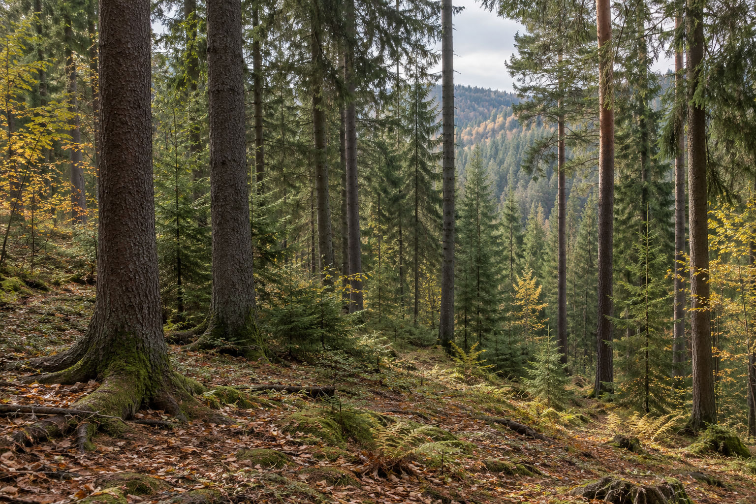 Nadelwald mit bayerischem Voralpencharakter, Fichten und Tannen auf natürlichem Waldboden – Symbolbild